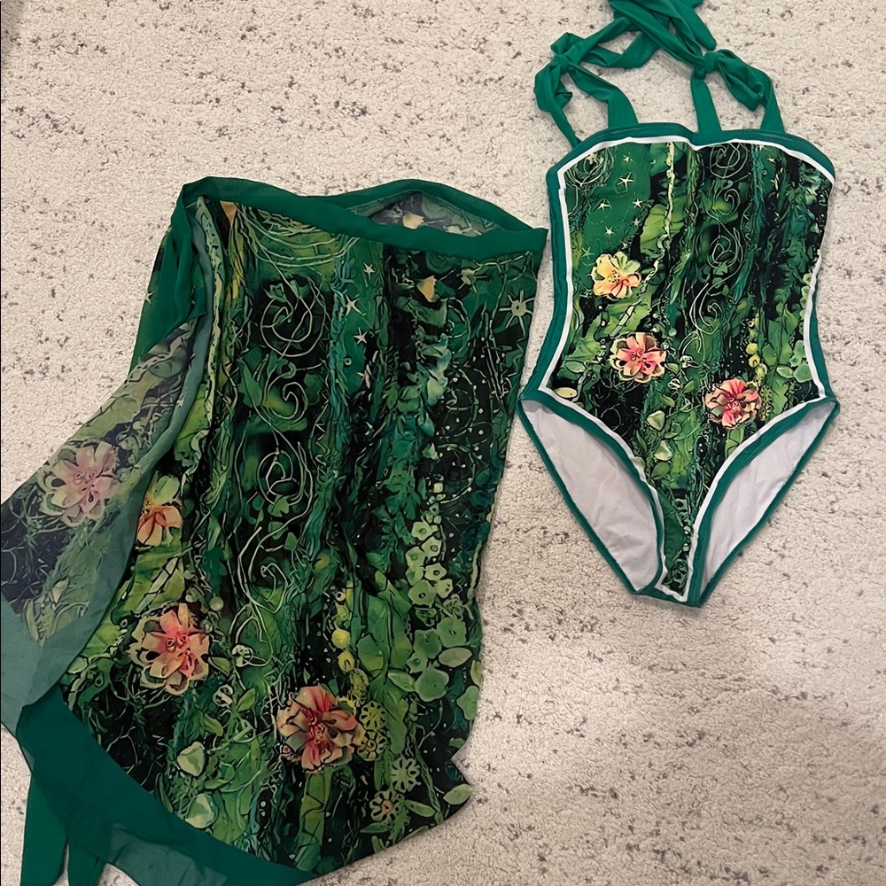 Floral Green One Piece Swimsuit and cover